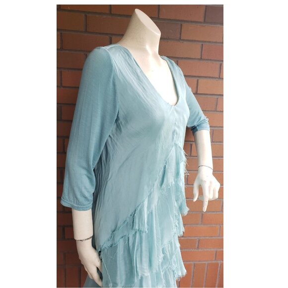 BNWT Silk Waterfall Layered 3/4 arm Midi Dress Made in Italy Light Teal - Picture 6 of 13